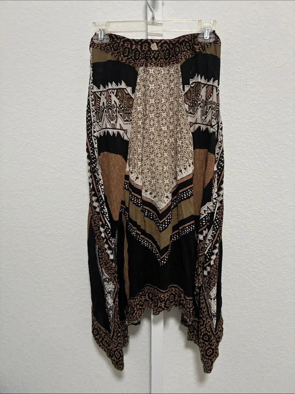 Free People Tan Black Boho Print Handkerchief Hems Midi Skirt